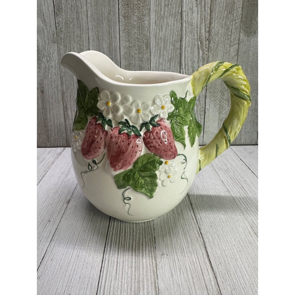Vintage Neuwirth Pitcher Jug Porcelain Embossed Strawberry 6.5" Tall Portugal